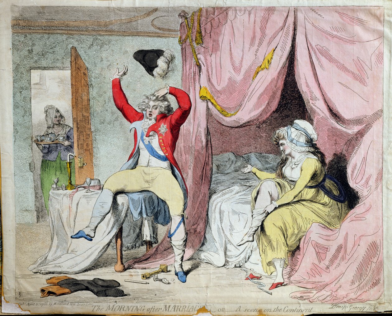 Aamu avioliiton jälkeinen tai kohtaus mantereella, julkaissut W, Hollanti vuonna 1788 (käsinvärinen etsaus) tekijältä James Gillray