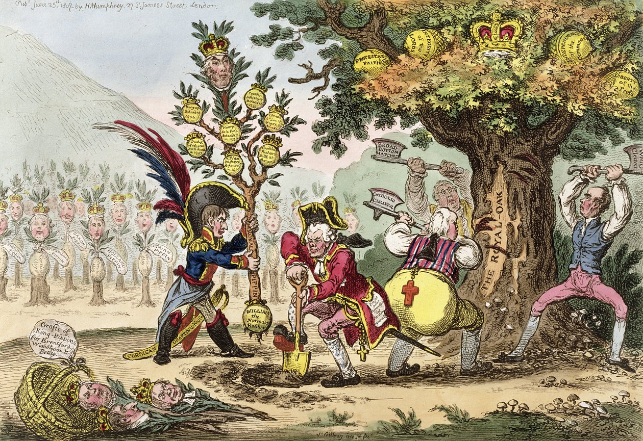 Uusi dynastia eli Pieni Korsikan Gardiner istuttaa Royal Pippin Tree, julkaisi Hannah Humphrey vuonna 1807 (käsinvärinen etsaus) tekijältä James Gillray