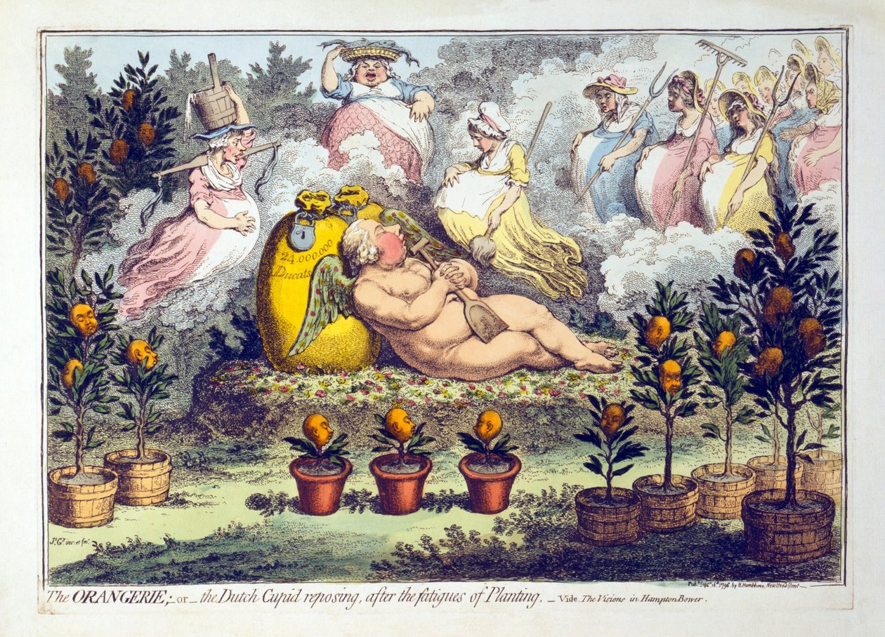 The Orangerie - tai - Hollannin Cupid lepäävä istutuksen väsymyksen jälkeen, julkaistu 1796 (käsinvärinen kaiverrus) tekijältä James Gillray