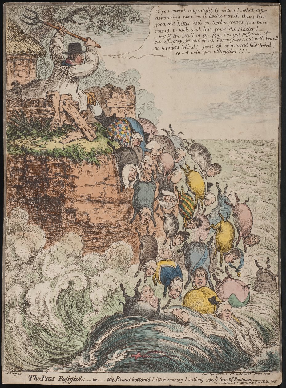 Possut riivattu, tai leveän pohjan omaava roska, joka juoksee pää edellä kadotuksen mereen, 1807. tekijältä James Gillray