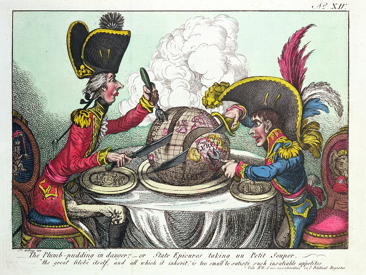 Luumuvanukas vaarassa, 1805 (värillinen kaiverrus) (katso myös 152999) tekijältä James Gillray