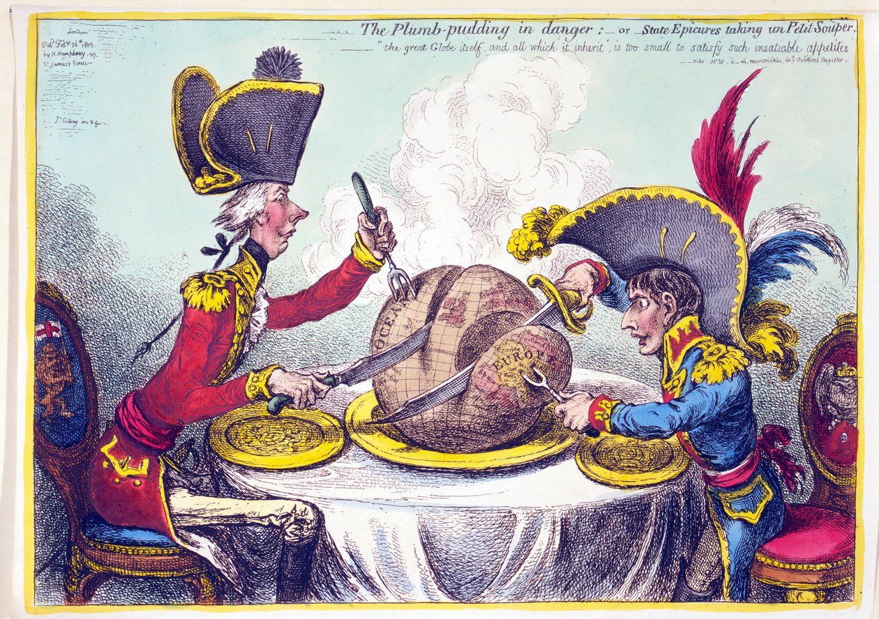 Luumupudding vaarassa, tai Valtion nautiskelijat ottamassa un Petit Souper, pub. 26. helmikuuta 1805 (käsin väritetty kaiverrus). tekijältä James Gillray