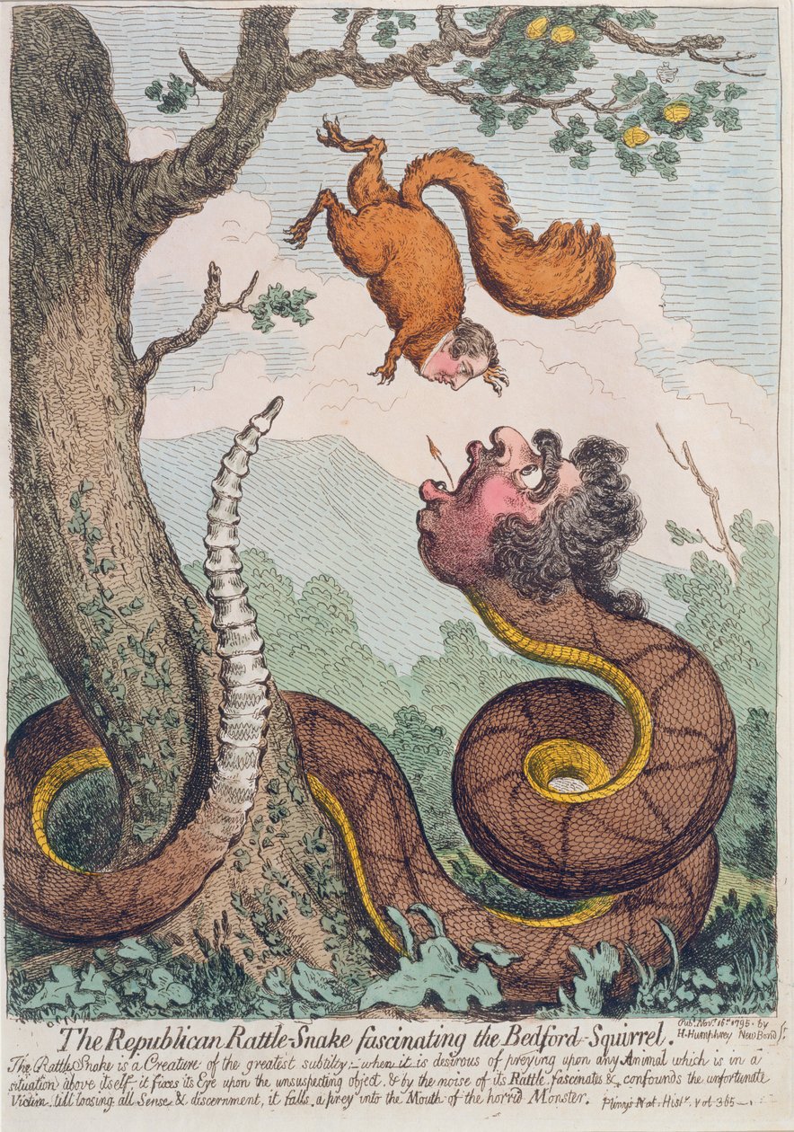 Hannah Humphreyn vuonna 1795 julkaisema Republikaanien kalkkarokäärme kiehtova Bedford-orava (käsinvärinen etsaus) tekijältä James Gillray