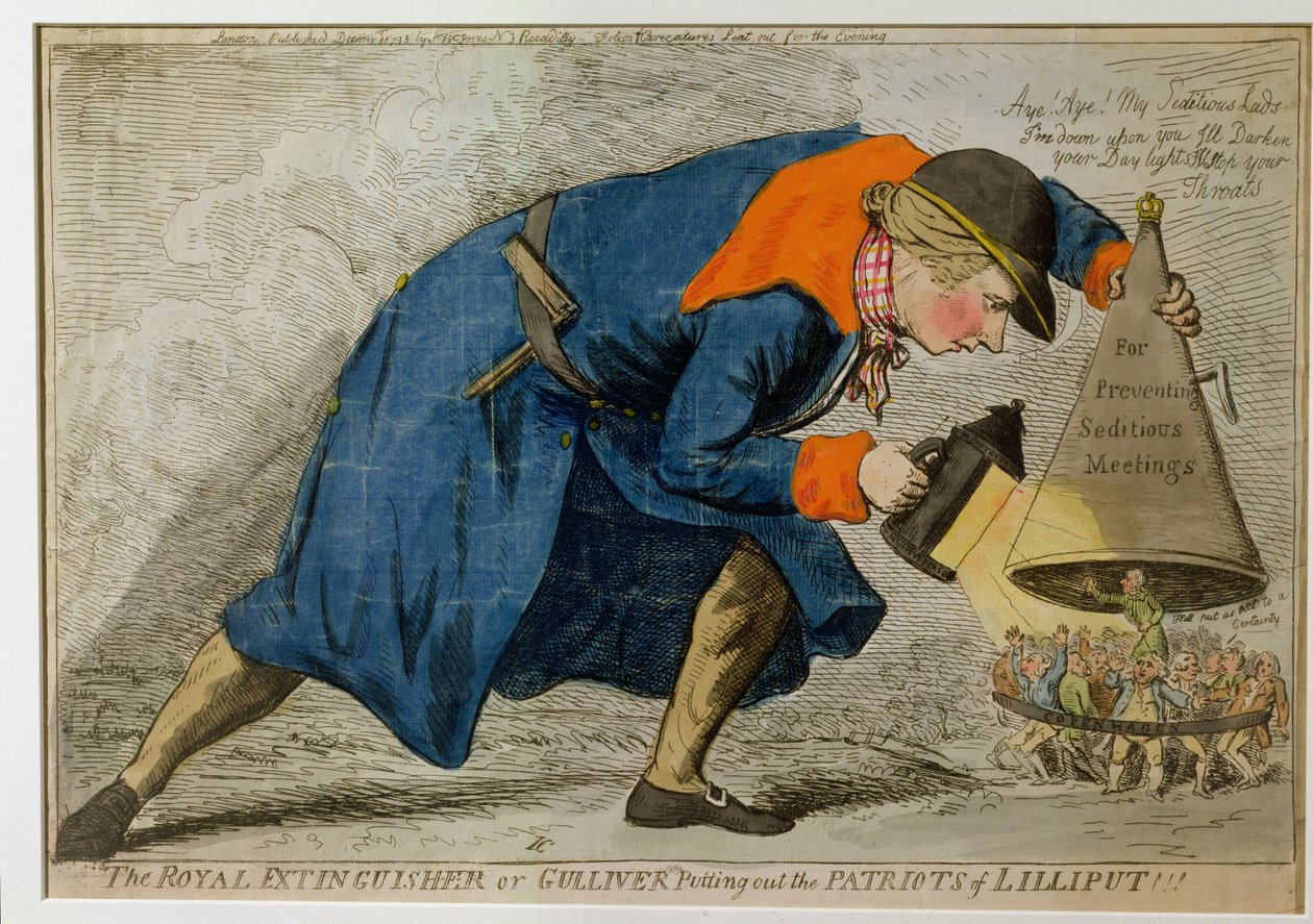 The Royal Extinguisher, or Gulliver Putting Putting Out the Patriots of Lilliput, julkaissut S.W. Fores vuonna 1795 (käsin väritetty etsaus). tekijältä James Gillray