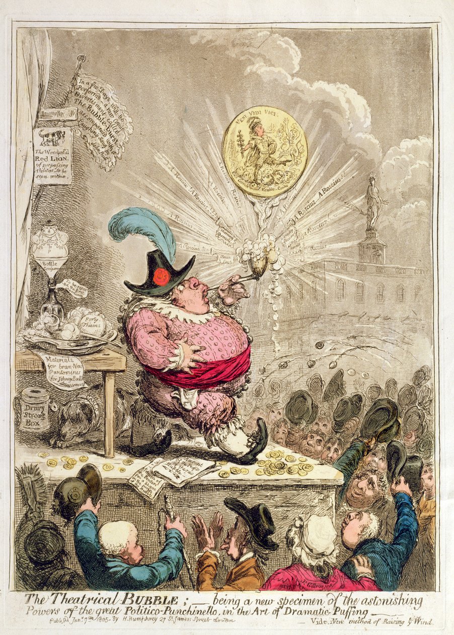 Theatrical Bubble: on uusi esimerkki hämmästyttävistä voimista suuressa Politico-Punchinellossa, Hannah Humphreyn vuonna 1805 julkaisemassa Dramaattisen puffauksen taiteessa (käsinvärinen etsaus und aquat) tekijältä James Gillray