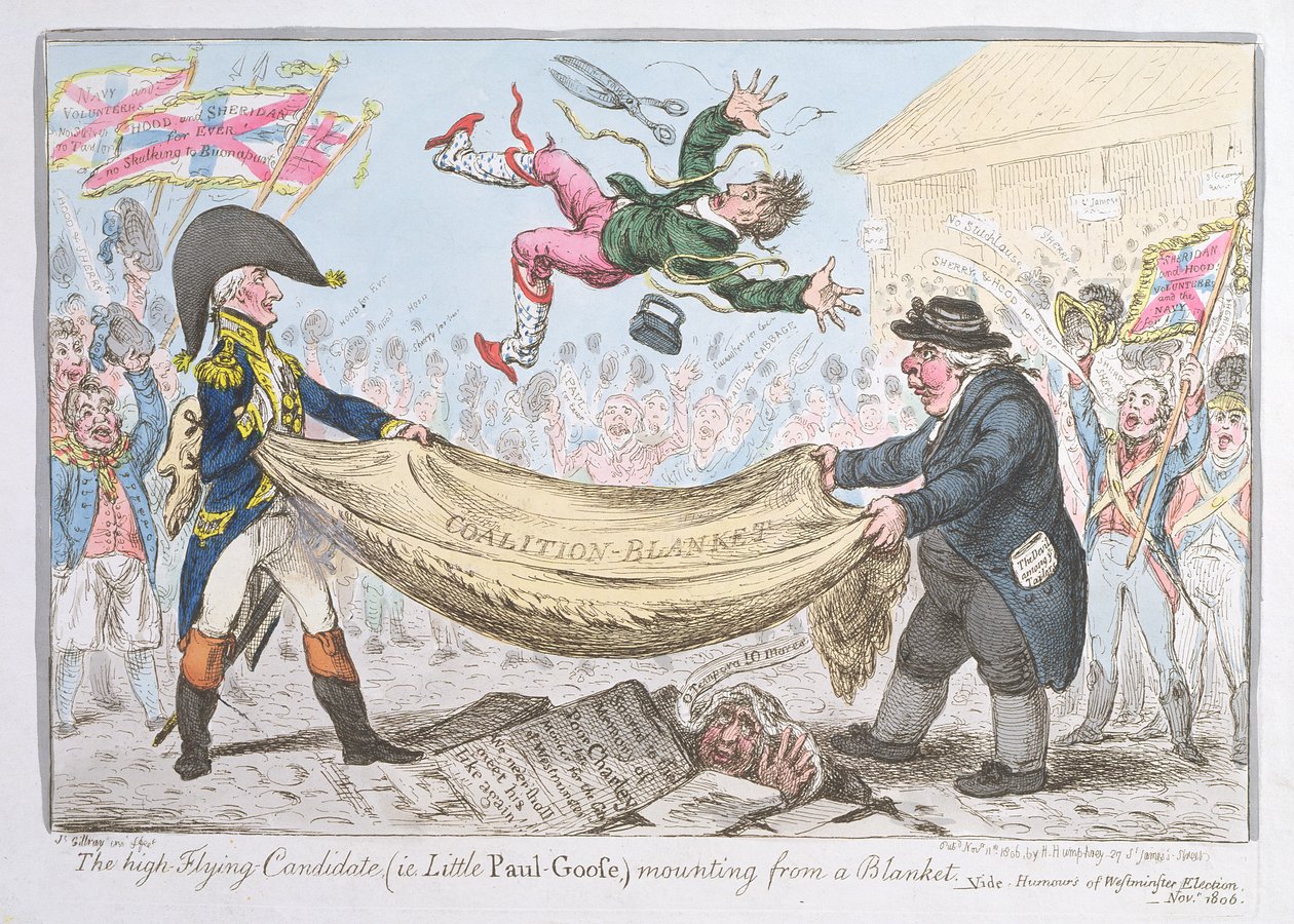 Hannah Humphreyn vuonna 1806 julkaisema korkealla lentävä ehdokas (eli Little Paul Goose) -asennus peitosta (käsinvärinen etsaus) tekijältä James Gillray