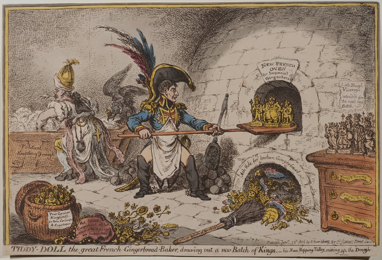 Tiddy-Doll, suuri ranskalainen piparkakkuleipuri, valmistaa uuden erän kuninkaita, 1806. tekijältä James Gillray