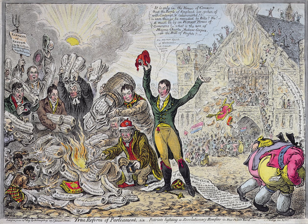 Todellinen parlamenttireformi, eli Patriots sytyttää vallankumouksellisen kokon New Palace Yardissa, julkaissut Hannah Humphrey vuonna 1809 (käsinvärinen etsaus) tekijältä James Gillray