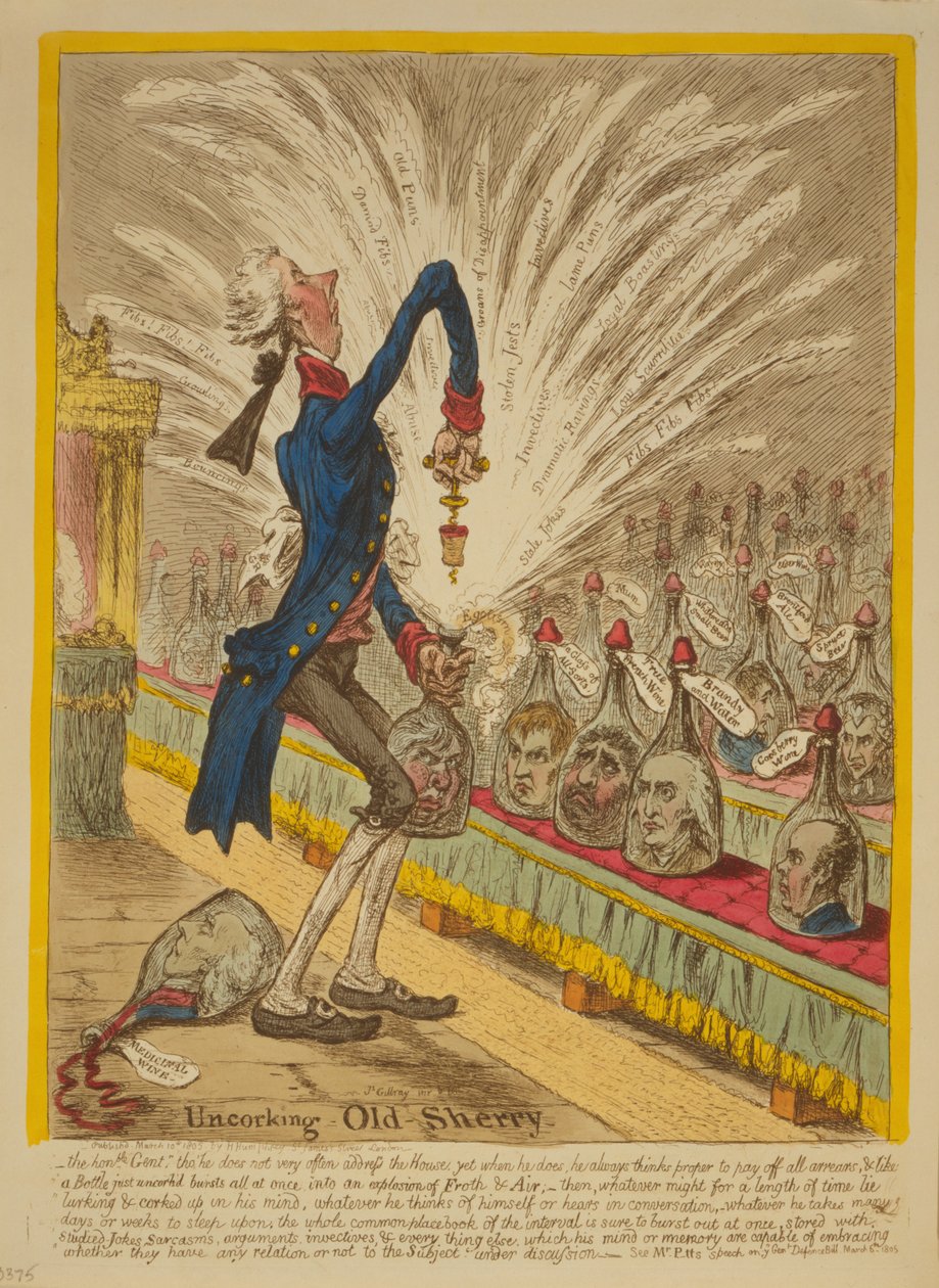 Uncorking Old Sherry, 1805 (käsinvärinen etsaus) tekijältä James Gillray