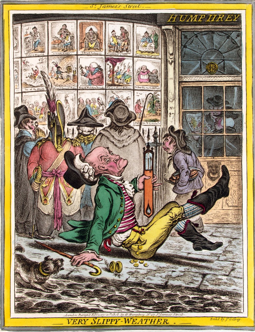 Erittäin liukas sää, pubi. 1808 (käsinvärinen kaiverrus) tekijältä James Gillray