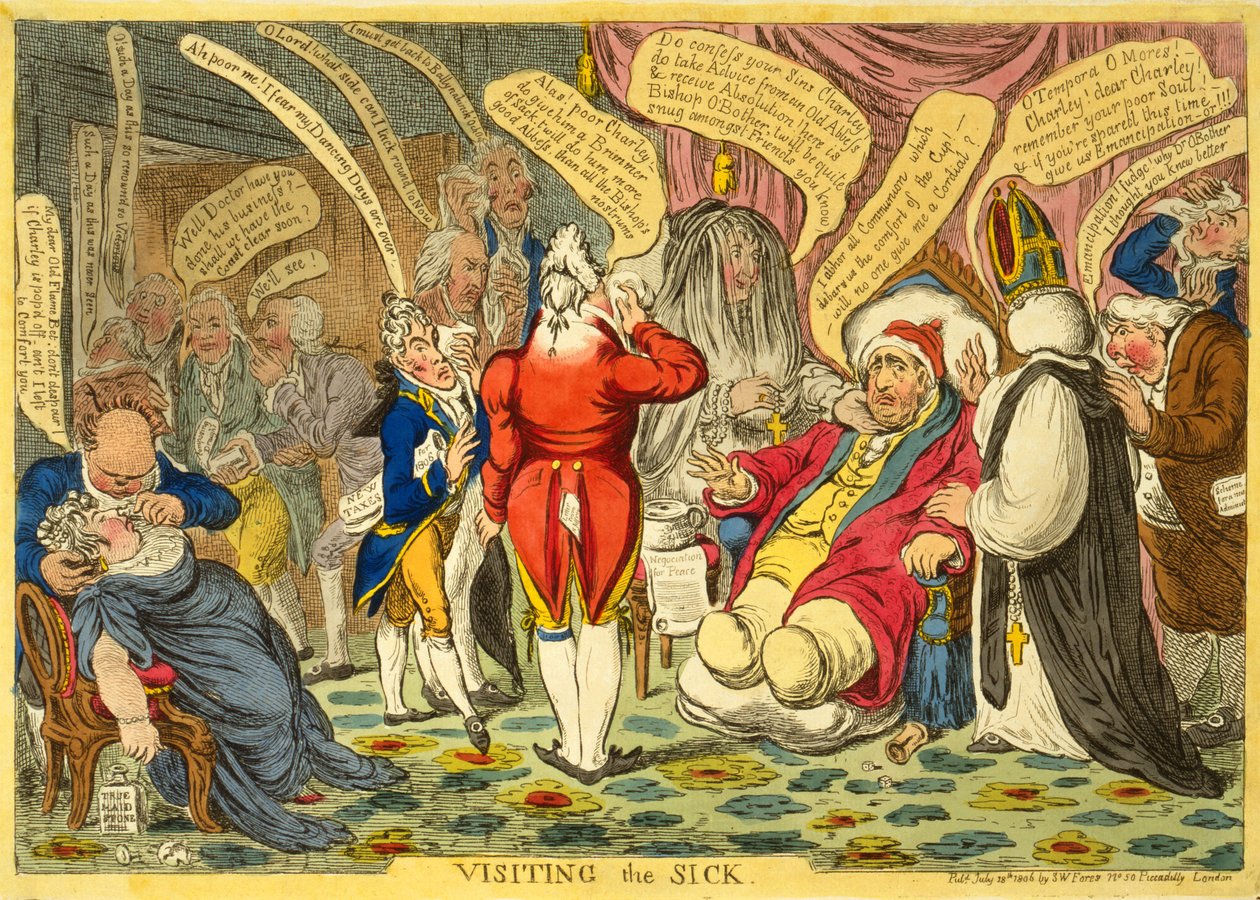 Sairaiden vieraileminen, pub. 18. heinäkuuta 1806 (käsin väritetty kaiverrus). tekijältä James Gillray