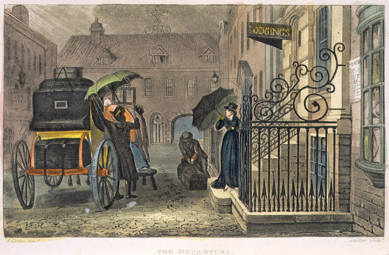 The Departure, levy Scarboroughin runollisista luonnoksista, kaiverrus Joseph Constantine Stadler (fl.1780-1812) pub. 1813 tekijältä James Green