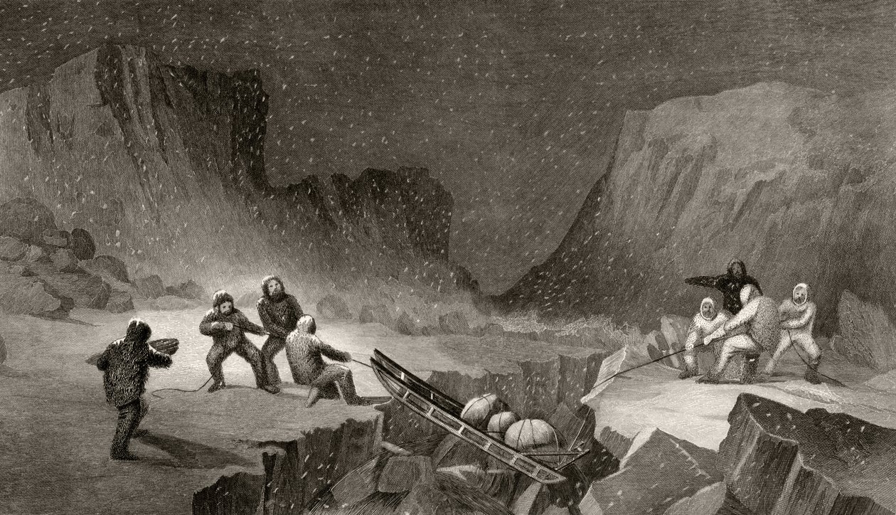 Crossing the Ice Belt at Coffee Gorge, kaiverrettu R. Hinshlewood, "Arctic Explorations in the Years 1853, 54, 55", osa I, tohtori Elisha Kent Kane (1820-57), julkaissut Philadelphia, 1856 (li) tekijältä James Hamilton