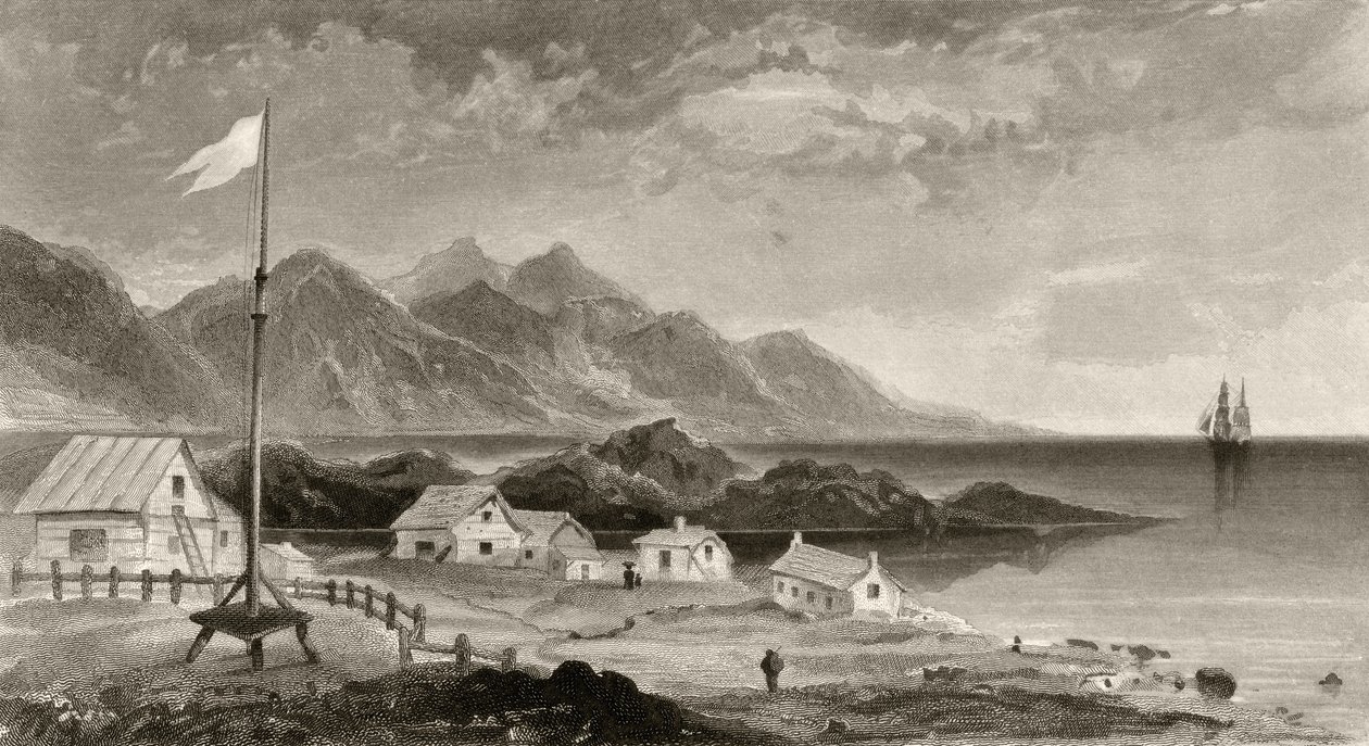 Fiskenaes kuvernöörin talosta, kaiverrus A.W. Graham, tohtori Elisha Kent Kanen (1820-57) julkaisusta "Arctic Explorations in the Years 1853, 54, 55", osa I, julkaisi Philadelphia, 1856 tekijältä James Hamilton