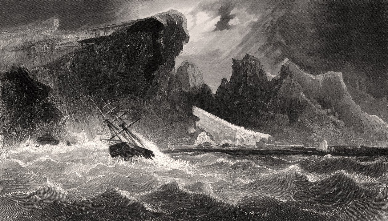 Parting Hawsers off Godsend Ledge, kaiverrettu G. Ulman, "Arctic Explorations in the Years 1853, 54, 55", osa I, tohtori Elisha Kent Kane (1820-57) julkaisi Philadelphia, 1856 tekijältä James Hamilton