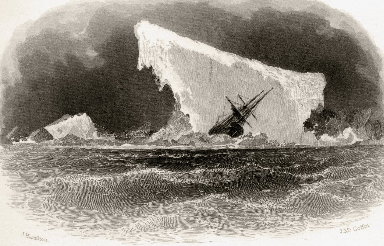 Ship Wrecked on Iceberg, kaiverrettu J. McGoffin, otsikkokuvitus julkaisusta "Arctic Explorations in the Years 1853, 54, 55", osa I, tohtori Elisha Kent Kane (1820-57), julkaissut Philadelphia, 1856 ( tekijältä James Hamilton