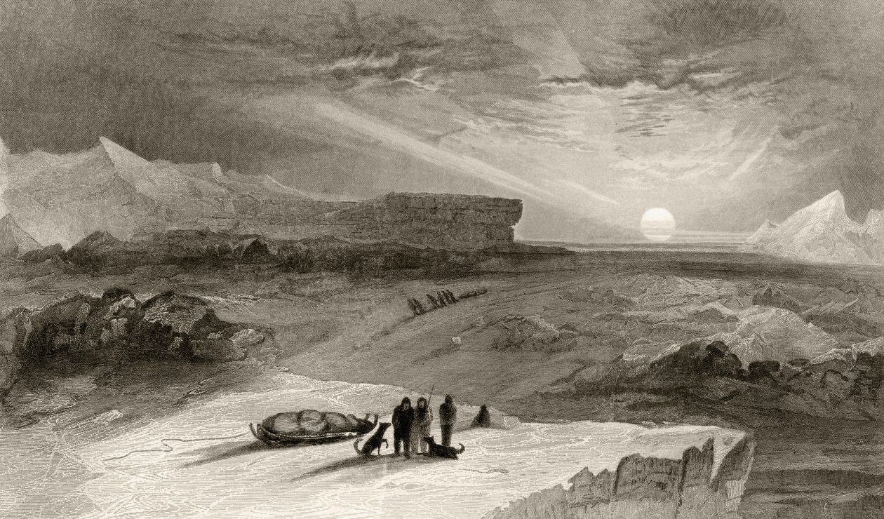 The Look Out from Cape George Russell, kaiverrettu R. Hinshelwoodin toimesta, teoksesta "Arctic Explorations in the Years 1853, 54, 55", Volume I, tohtori Elisha Kent Kane (1820-57), julkaistu Philadelphia, 1856 (li tekijältä James Hamilton