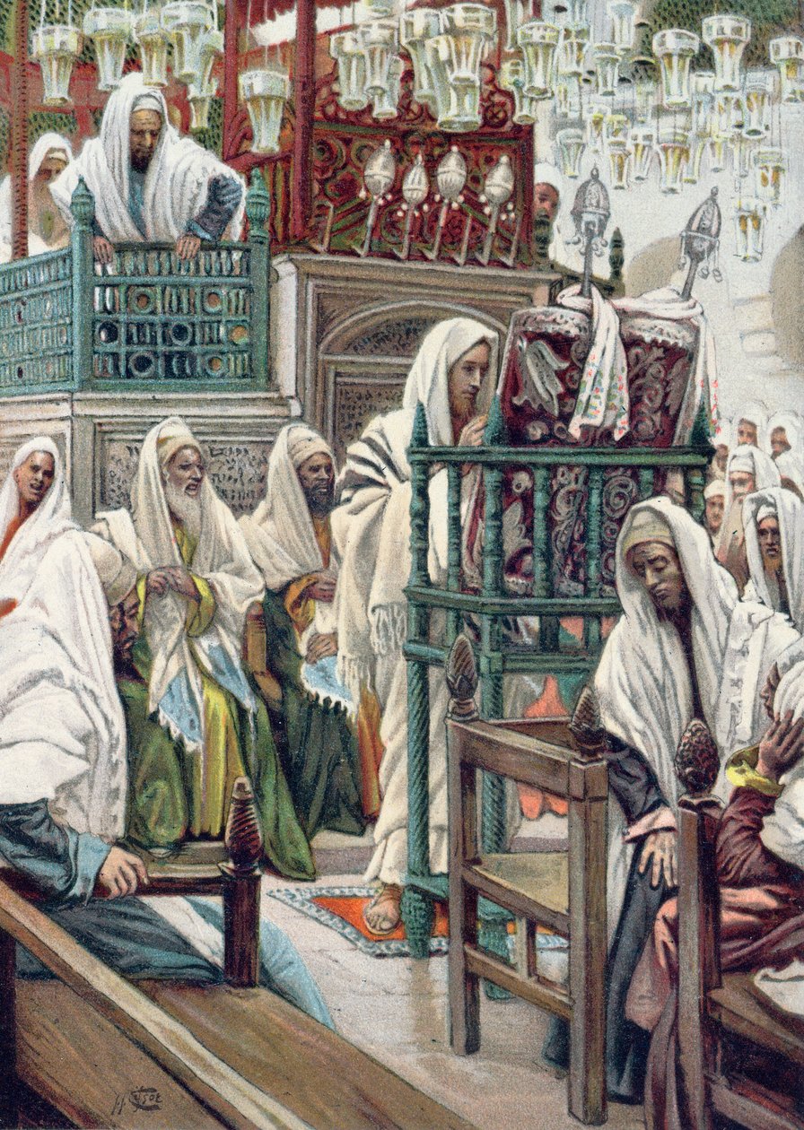 Jeesus avaa kirjan synagogassa, kuvitus teokselle "La Vie de notre Seigneur Jesus-Christ", julkaistu Toursissa 1896 tekijältä James Jacques Joseph Tissot