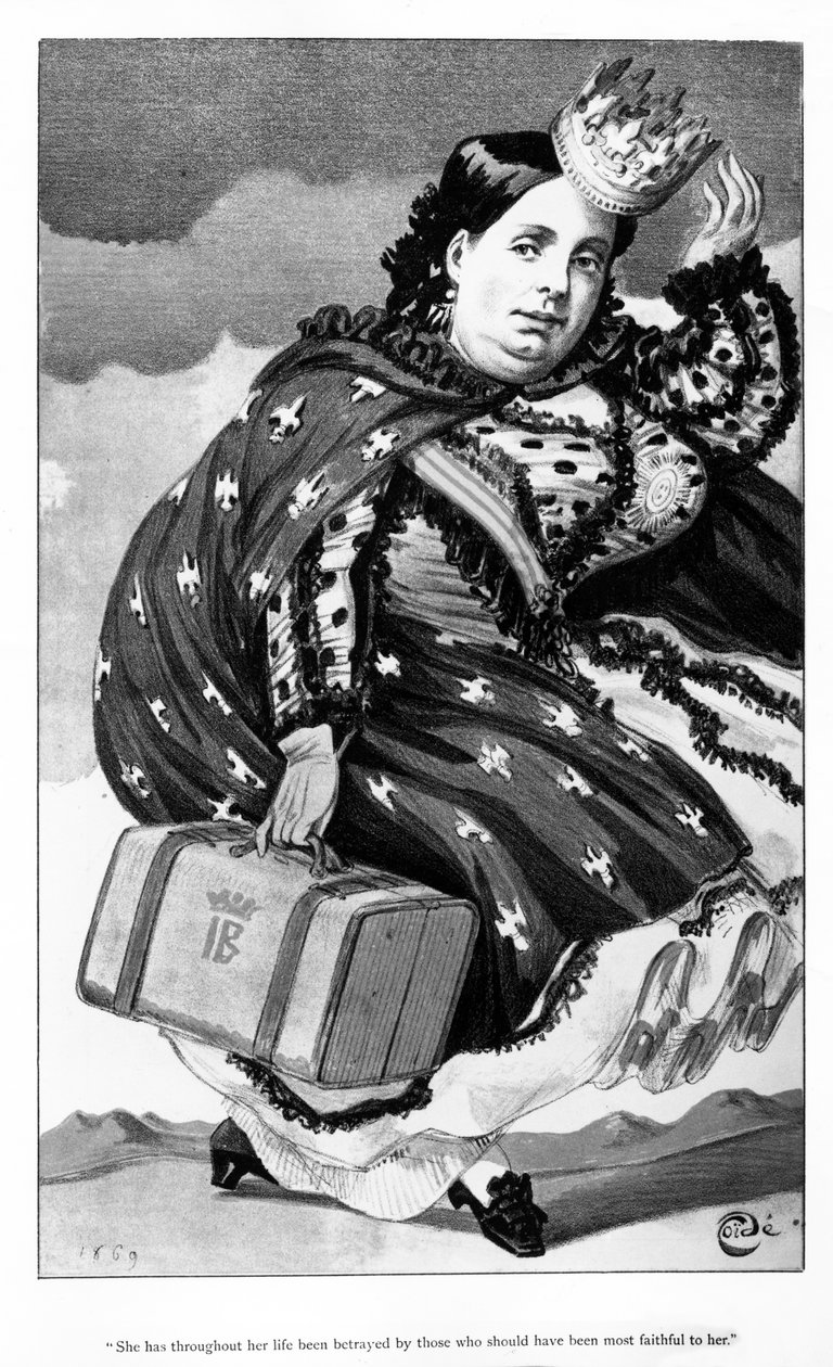 Espanjan kuningatar Isabella II, pilapiirros, joka julkaistiin Vanity Fair -lehdessä 18. syyskuuta 1869. tekijältä James Jacques Joseph Tissot