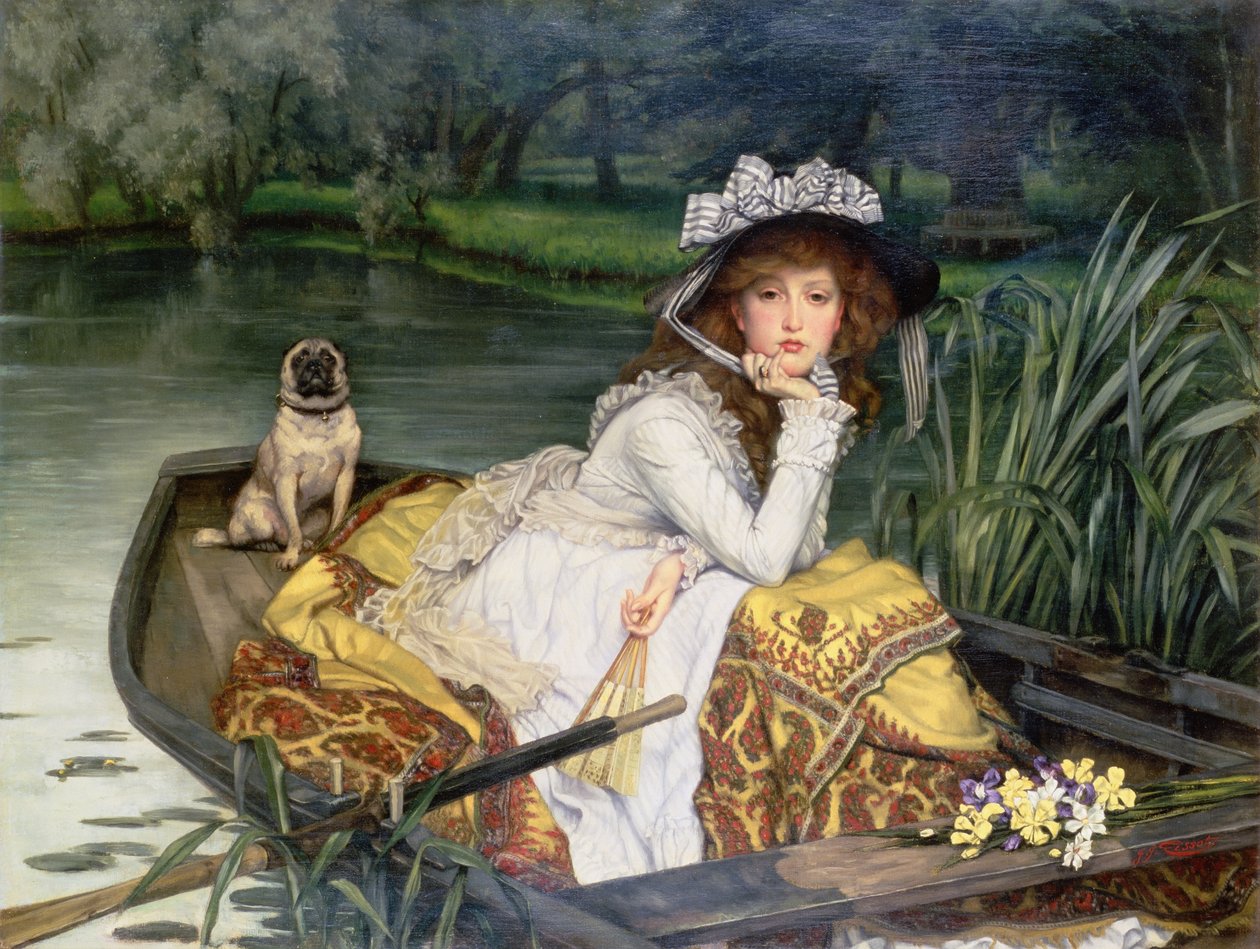 Nuori nainen veneessä tai heijastuksia, n. 1870 tekijältä James Jacques Joseph Tissot