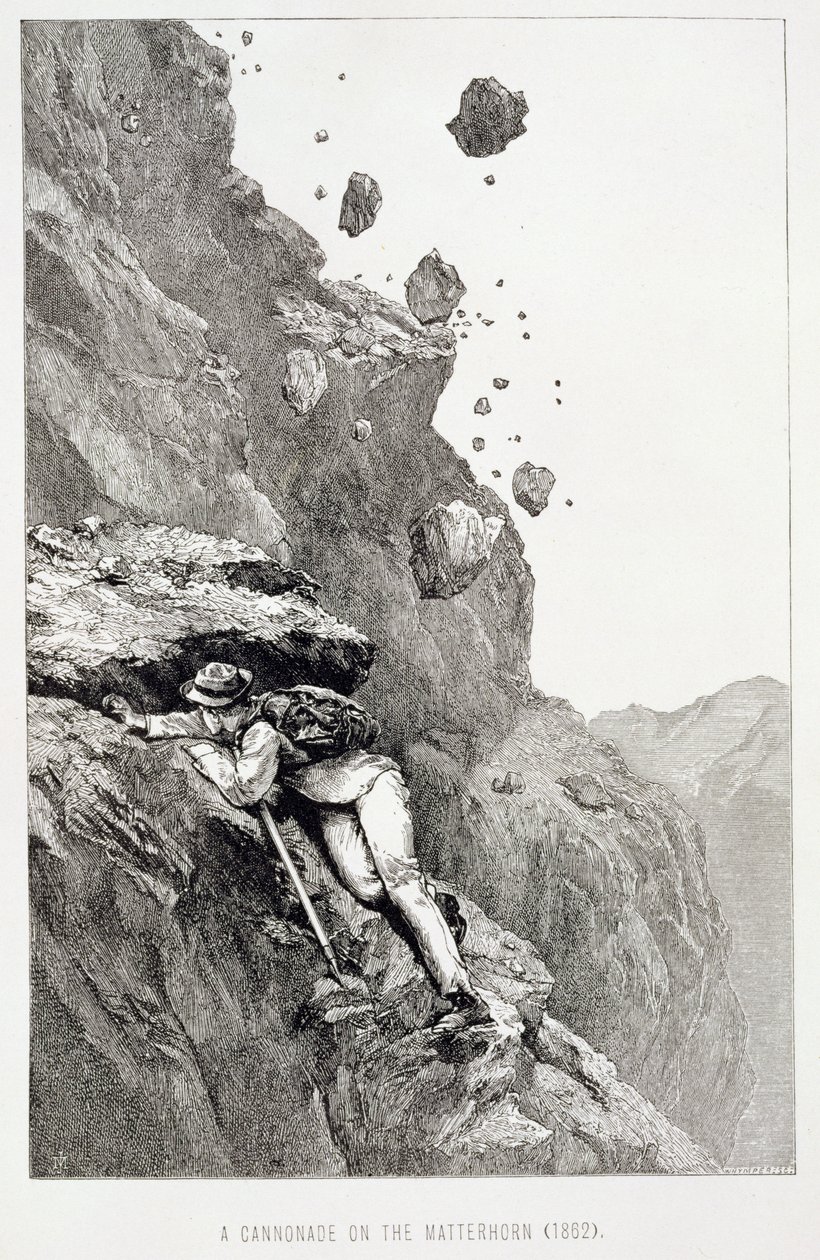 Cannonade on the Matterhorn, 1862, Edward Whymperin (1840-1911) kaivertamasta The Ascent of the Matterhornista, julkaistu 1860-80-luvulla tekijältä James Mahoney