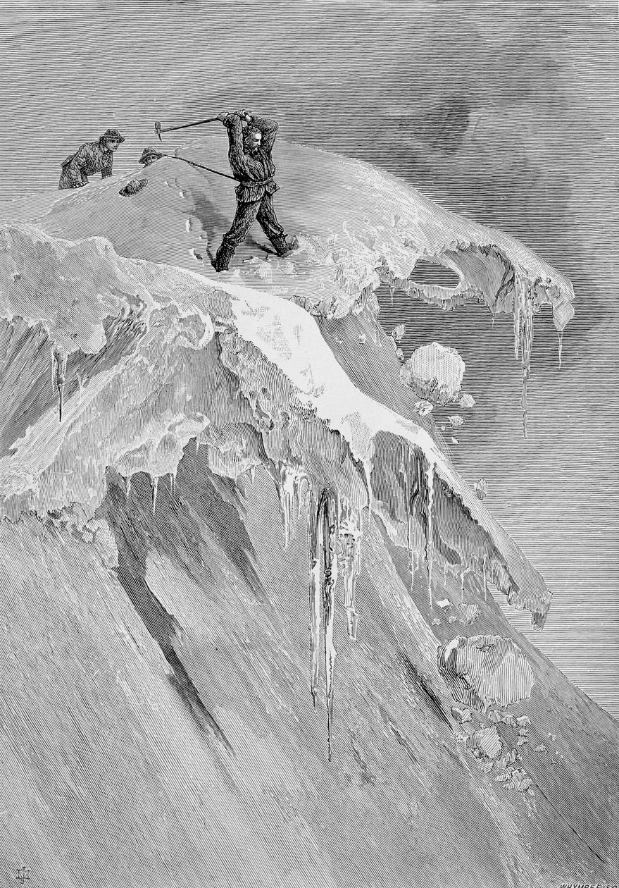 The Summit of the Moming Pass vuonna 1864, Edward Whymperin (1840-1911) kaiverretusta Matterhornin noususta, julkaistu 1860-80-luvulla tekijältä James Mahoney