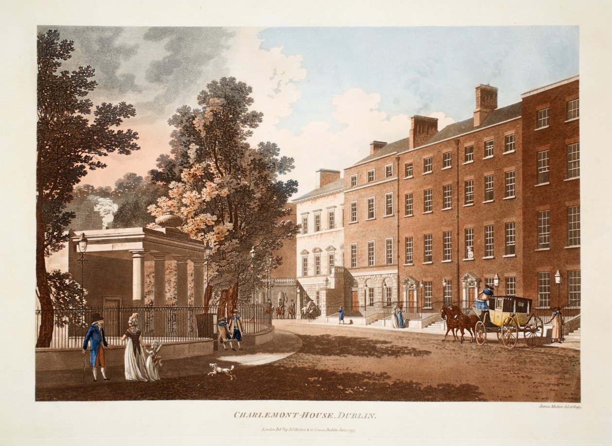 Charlemont-House, Dublin, 1793 (käsin väritetty kaiverrus). tekijältä James Malton