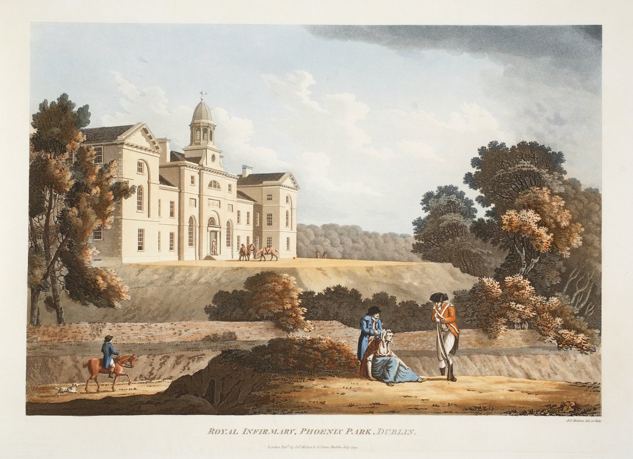 Royal Infirmary, Phoenix Park, Dublin, 1794 (käsinvärinen kaiverrus) tekijältä James Malton