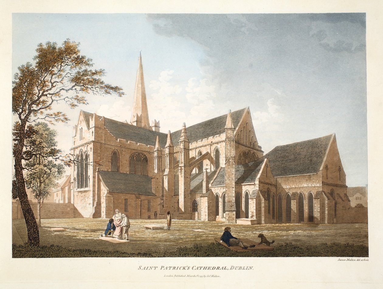 Pyhän Patrickin katedraali, Dublin, 1793 (käsinvärinen kaiverrus) tekijältä James Malton