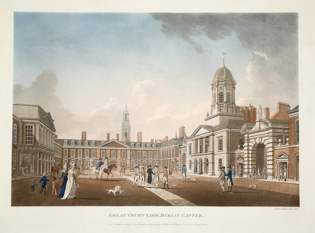 The Great Court Yard, Dublinin linna, 1792 (käsinvärinen kaiverrus) tekijältä James Malton
