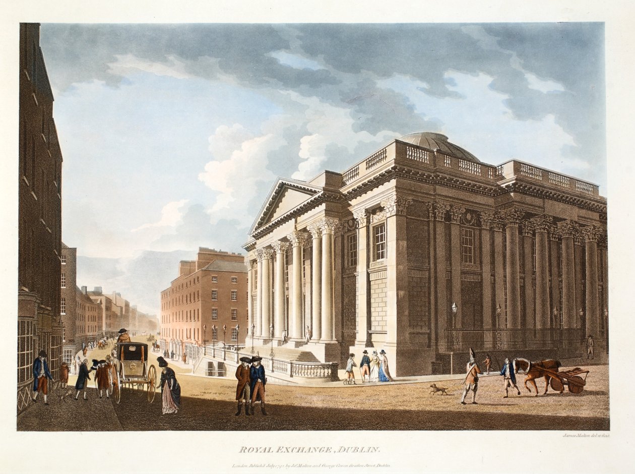Royal Exchange, Dublin, 1792 (käsinvärinen kaiverrus) tekijältä James Malton