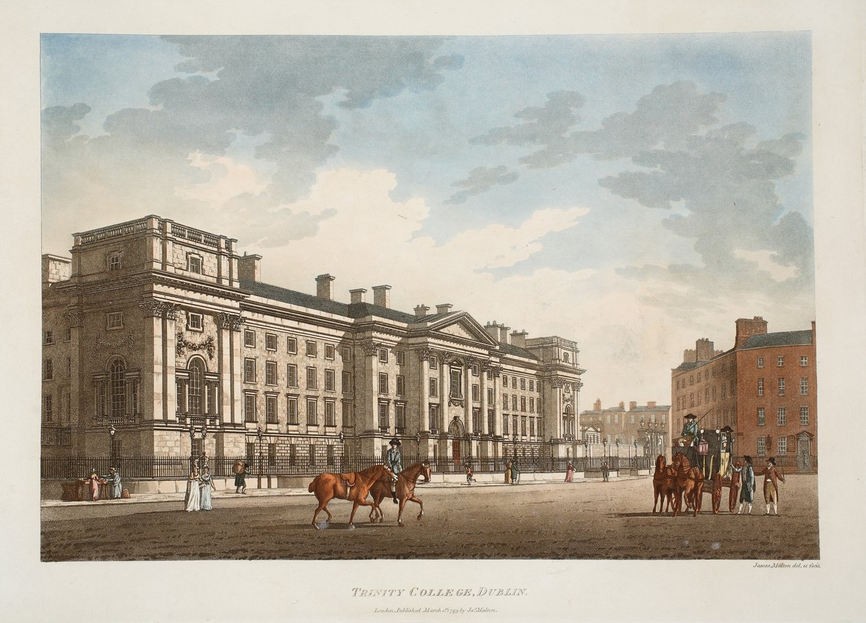Trinity College, Dublin, 1793 (käsin väritetty kaiverrus). tekijältä James Malton