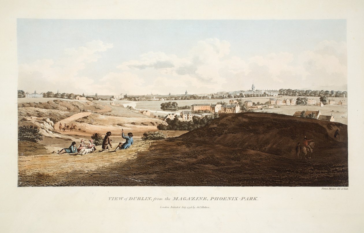 Näkymä Dubliniin Magazinesta, Phoenix Park, 1795 (käsinvärinen kaiverrus) tekijältä James Malton