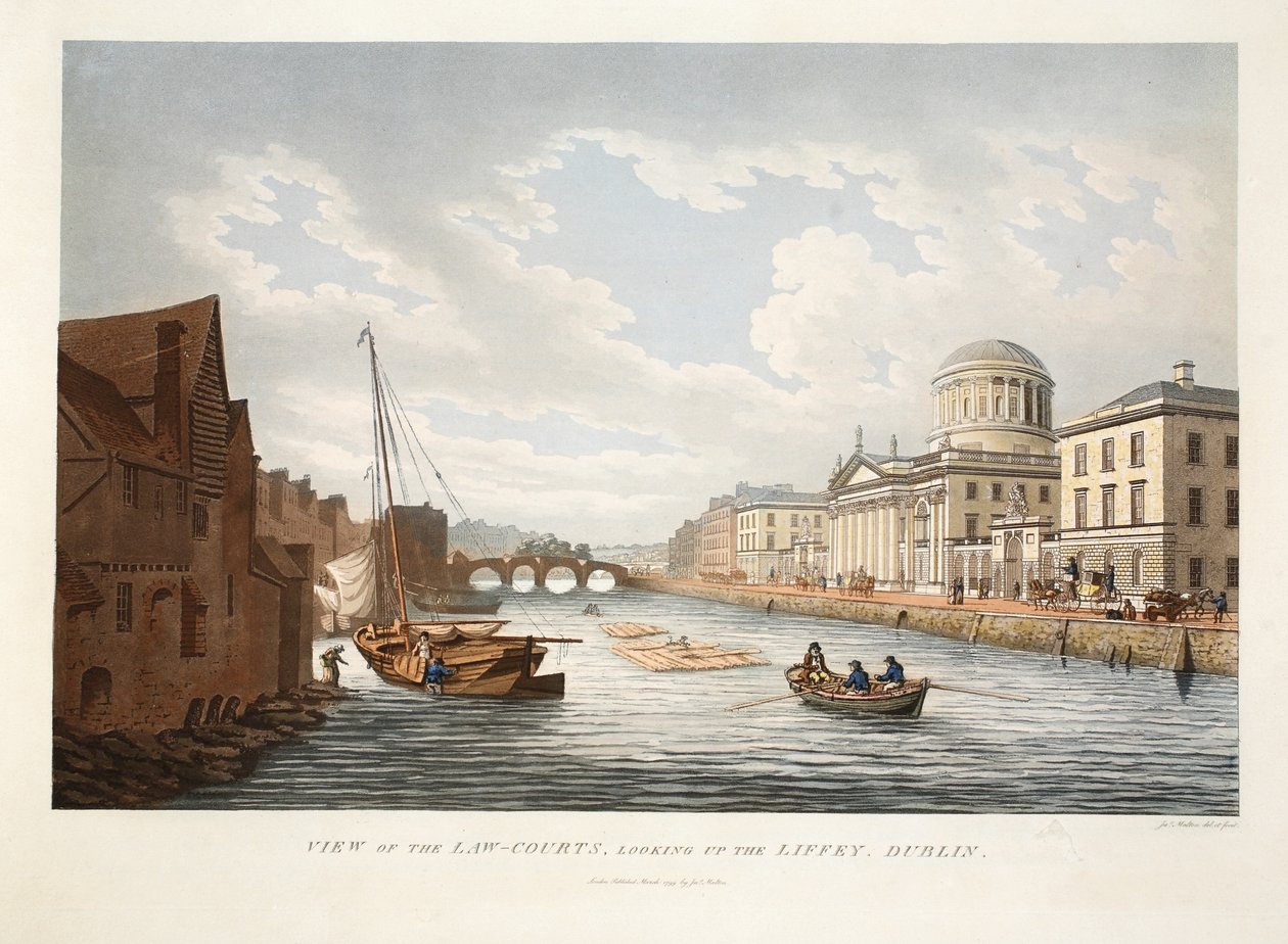 Näkymä oikeustalosta, näkymä Liffey-joelle, Dublin, 1799 (käsin väritetty kaiverrus). tekijältä James Malton