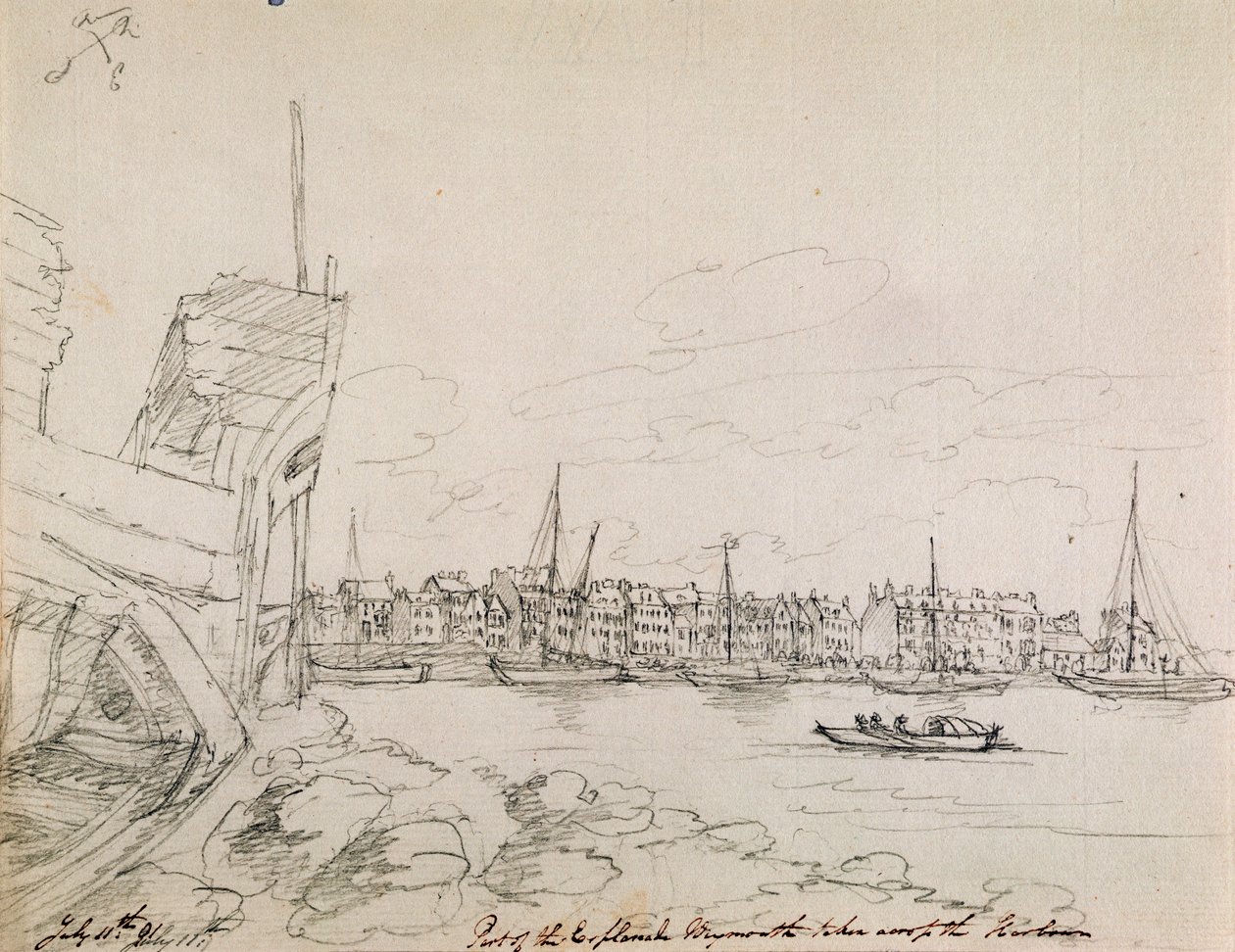 Osa Plymouthin esplanadista sataman poikki, 1791 (muste paperille). tekijältä James Moore