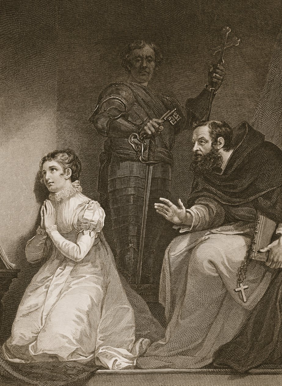 Feckenham kuningattaren määräyksestä vierailee Lady J. Grayn luona tornissa, kaivertanut W. Bromley, kuvitus David Humen "The History of England", pubista. R. Bowyer, Lontoo, 1812 tekijältä James Northcote