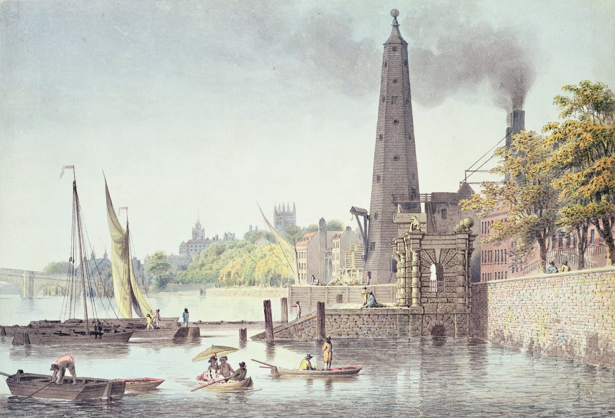 York-rakennukset, näkymä Westminsteriin, näkymä vesitornille, 1797 (värikaiverrus) tekijältä James Peller Malcolm