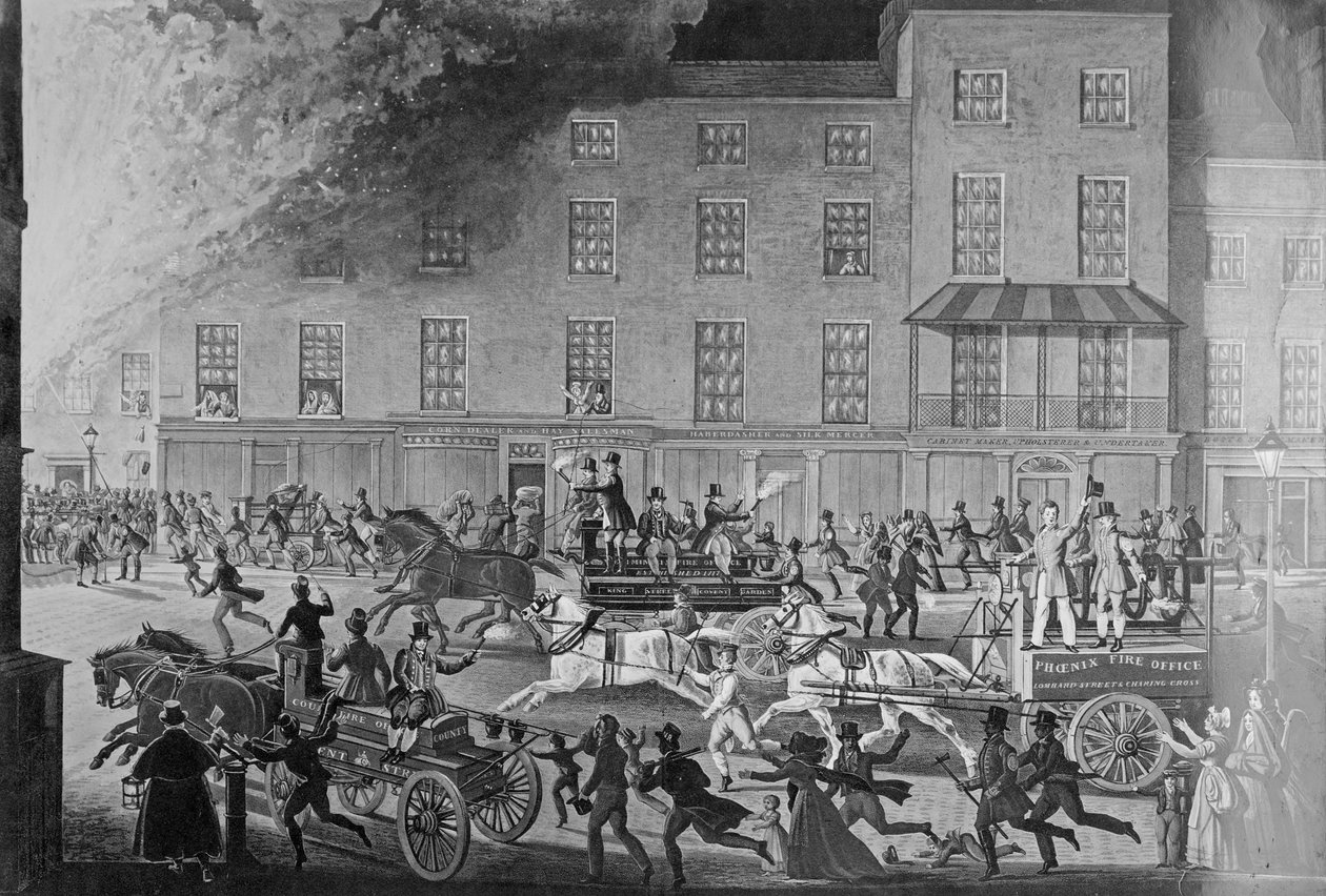 London Fire Engines, elämän ja omaisuuden jalot suojelijat, kaiverrettu R.G. Reeve, pubi. kirjoittanut Thomas McLean, n. 1830 tekijältä James Pollard