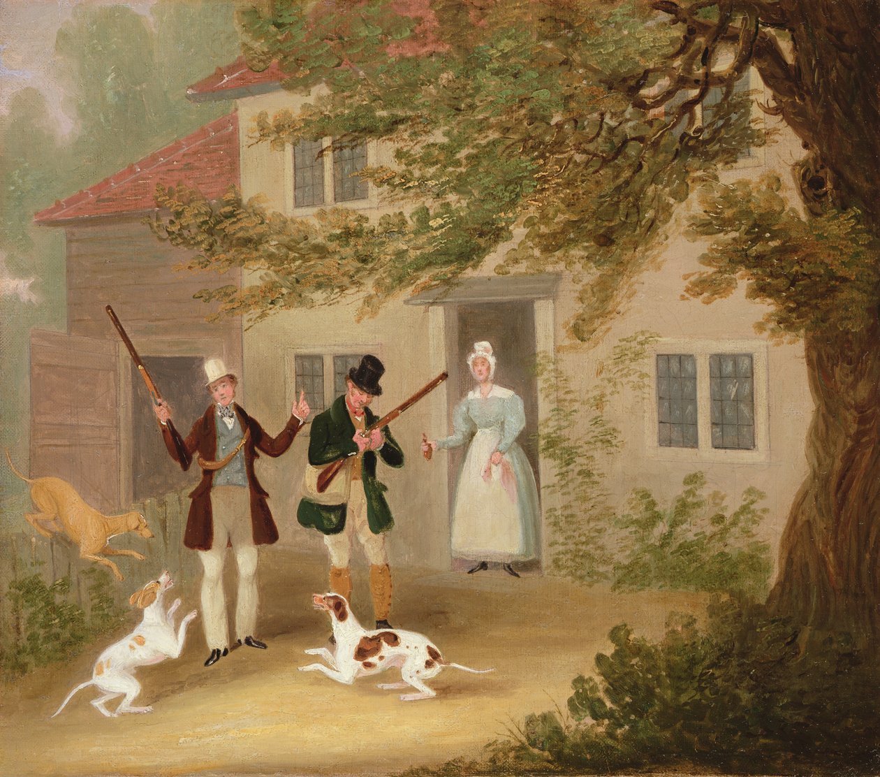 Kaksi urheilijaa osoittimillaan lähtemässä mökistä, n.1830 tekijältä James Pollard