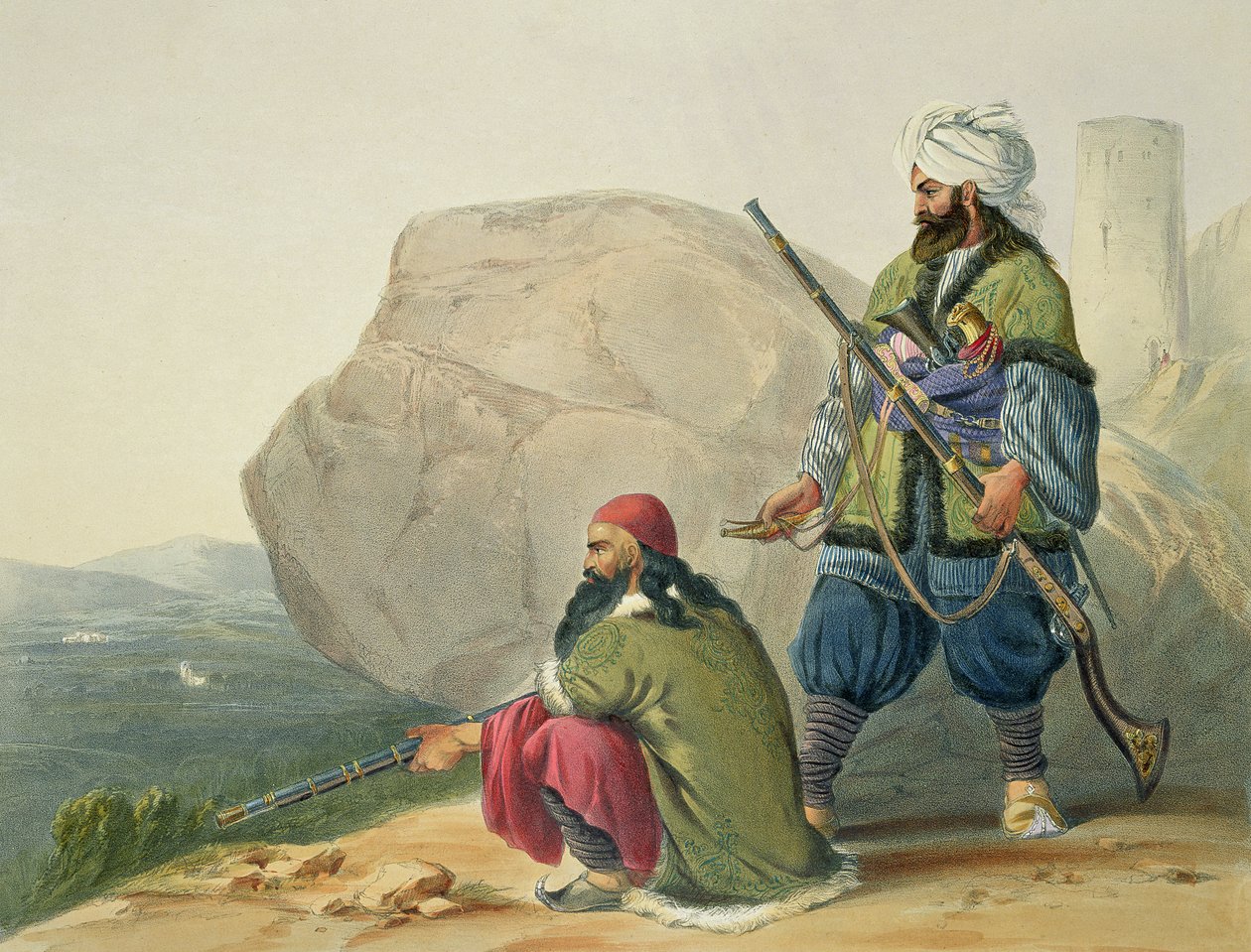 Afganistanin jalkasotilaat talvipukuissa, sisäänkäynti Urgundehin laaksoon, levy 11 julkaisusta "Afghanistanin maisema, asukkaat ja puvut", kaiverrus Robert Carrick (n. 1829-1904) 1848 (l) tekijältä James Rattray