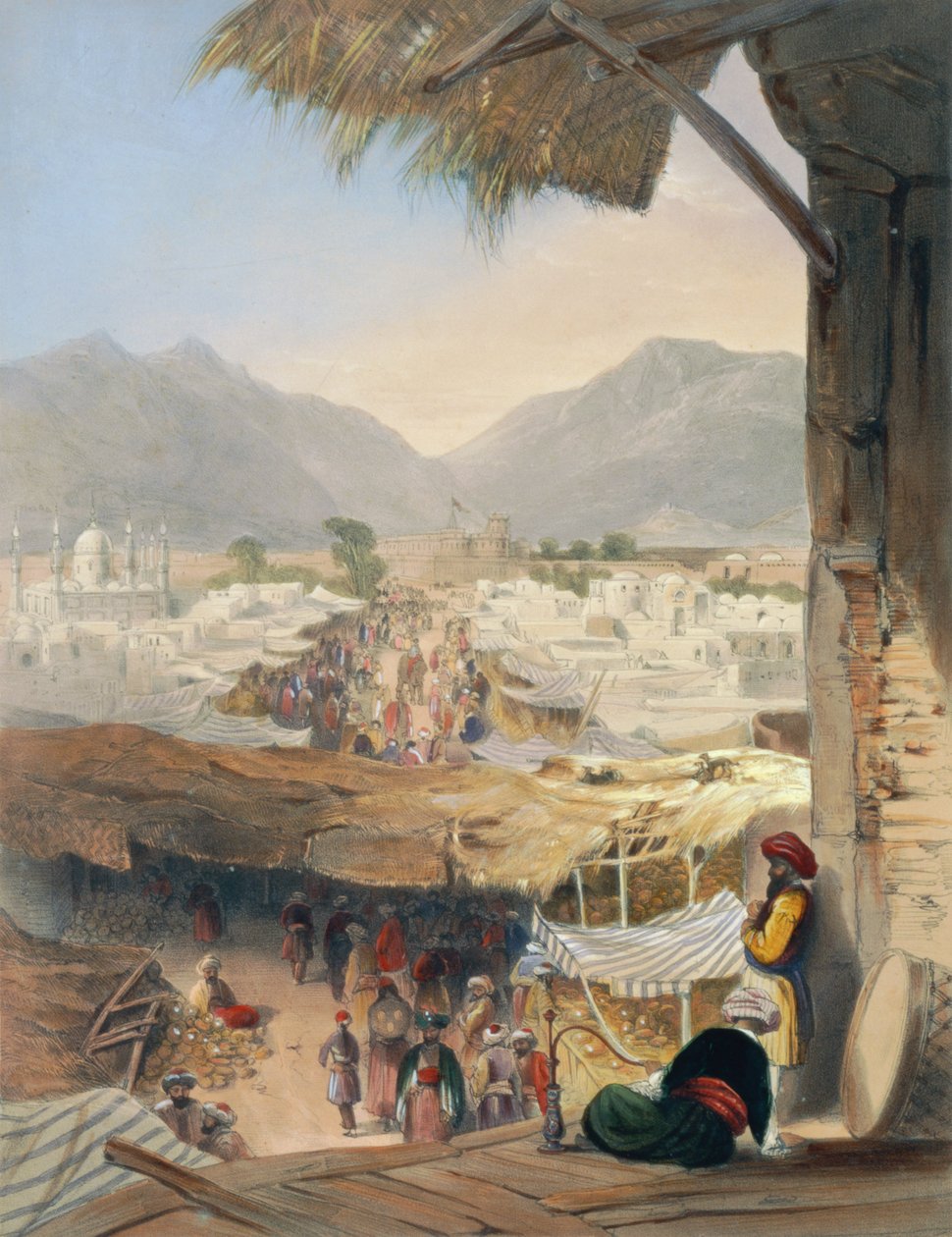 Kandaharin kaupunki, sen pääbasaari ja linnoitus, otettu Nakarra Khaunehista tai Royal Band Roomista, levy 28 julkaisusta "Scenery, Inhabitants and Costumes of Afghanistan", kaiverrettu Robert Carrick (n. tekijältä James Rattray
