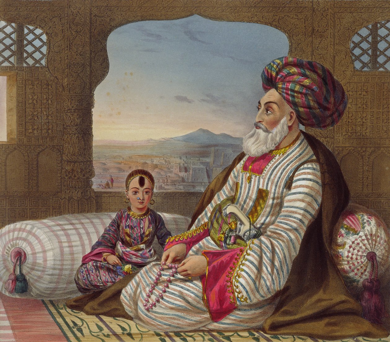 Dost Mahommed (1793-1863) Caubulin kuningas ja hänen nuorin poikansa, levy 2 teoksesta "Afghanistanin maisema, asukkaat ja puvut", kaiverrus E. Walker, 1848 tekijältä James Rattray