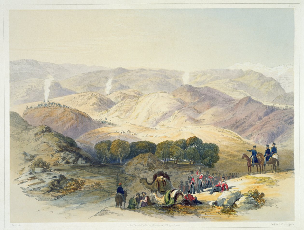 Jugdelluk, kenraali Elphinestonen armeijan viimeinen asento Calamitous Retreatissa, levy 21 teoksesta "Scenery, Inhabitants and Costumes of Afghanistan", kaiverrettu Hulme, 1848 tekijältä James Rattray