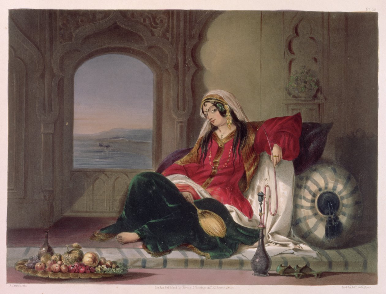 Kandahar Lady of Rank, Kihlautunut tupakointiin, levy 29 elokuvasta "Afghanistanin maisema, asukkaat ja puvut", kaiverrus Robert Carrick (n. 1829-1904) 1848 tekijältä James Rattray