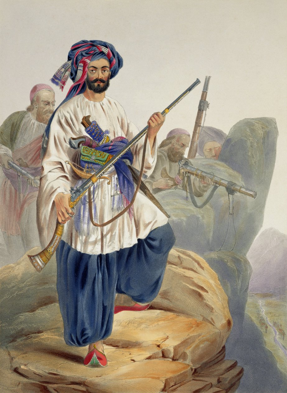 Ko-i-Staunin jalkasotilas kesäasussa, aktiivisesti kallioiden keskellä, levy 12 julkaisusta "Afghanistanin maisema, asukkaat ja puvut", kaiverrus Robert Carrick (n. 1829-1904) 1848 tekijältä James Rattray