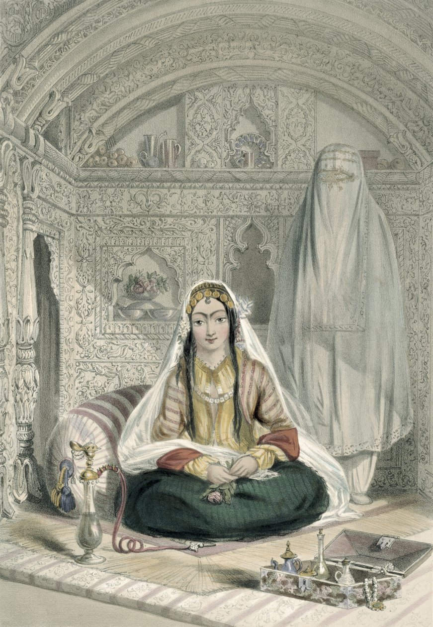 Caubulin naiset sisä- ja ulkopuvussaan, levy 24 teoksesta "Scenery, Inhabitants and Costumes of Afghanistan", kaiverrus Walker, 1848 tekijältä James Rattray