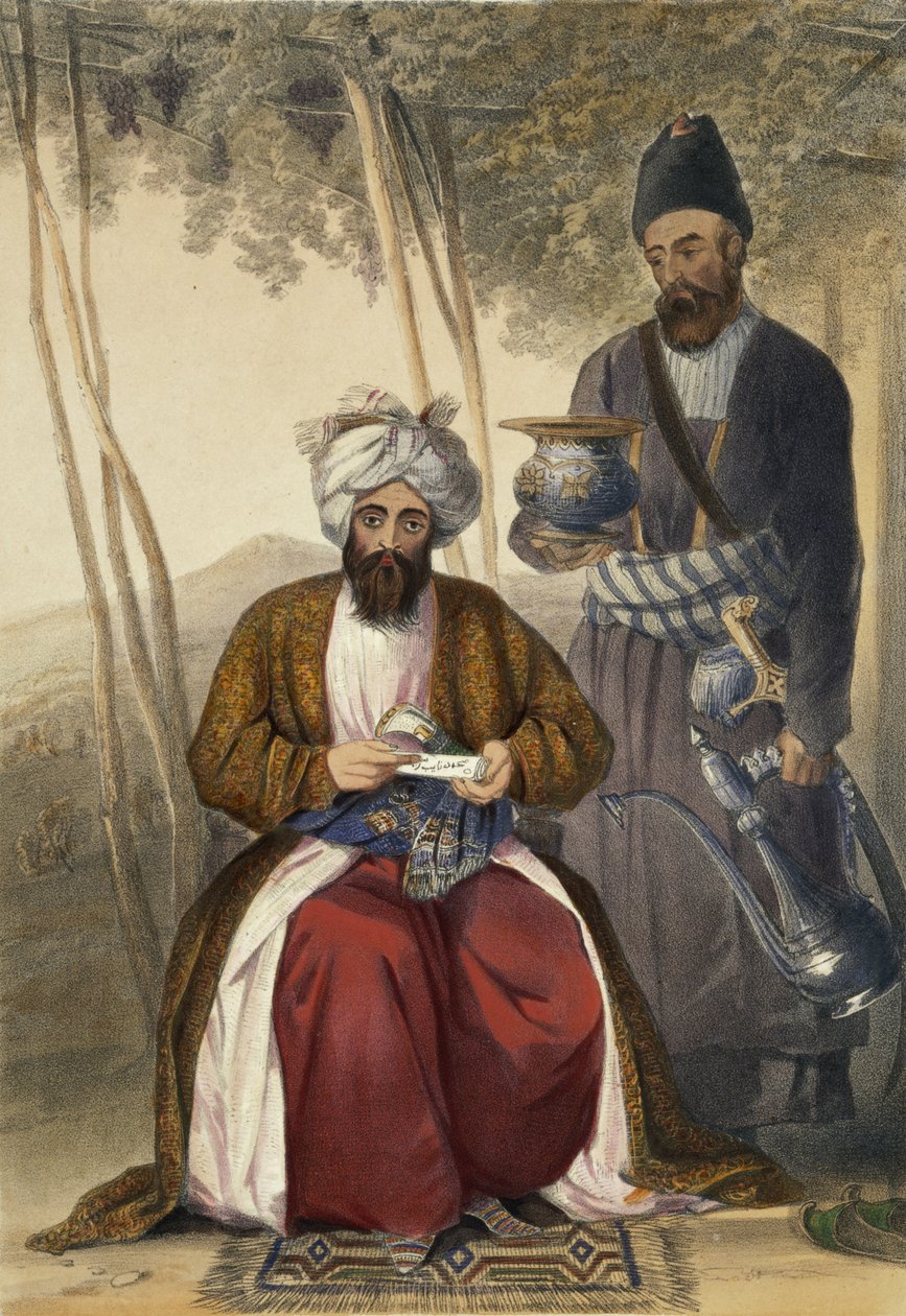Mahommed Naib Shurreef, juhlittu Kuzzilbachin Caubulin päällikkö ja hänen Peshkhidmut tai päällikkönsä, levy 15 teoksesta "Scenery, Inhabitants and Costumes of Afghanistan", kaiverrettu Robert Carrick (n. 1) tekijältä James Rattray