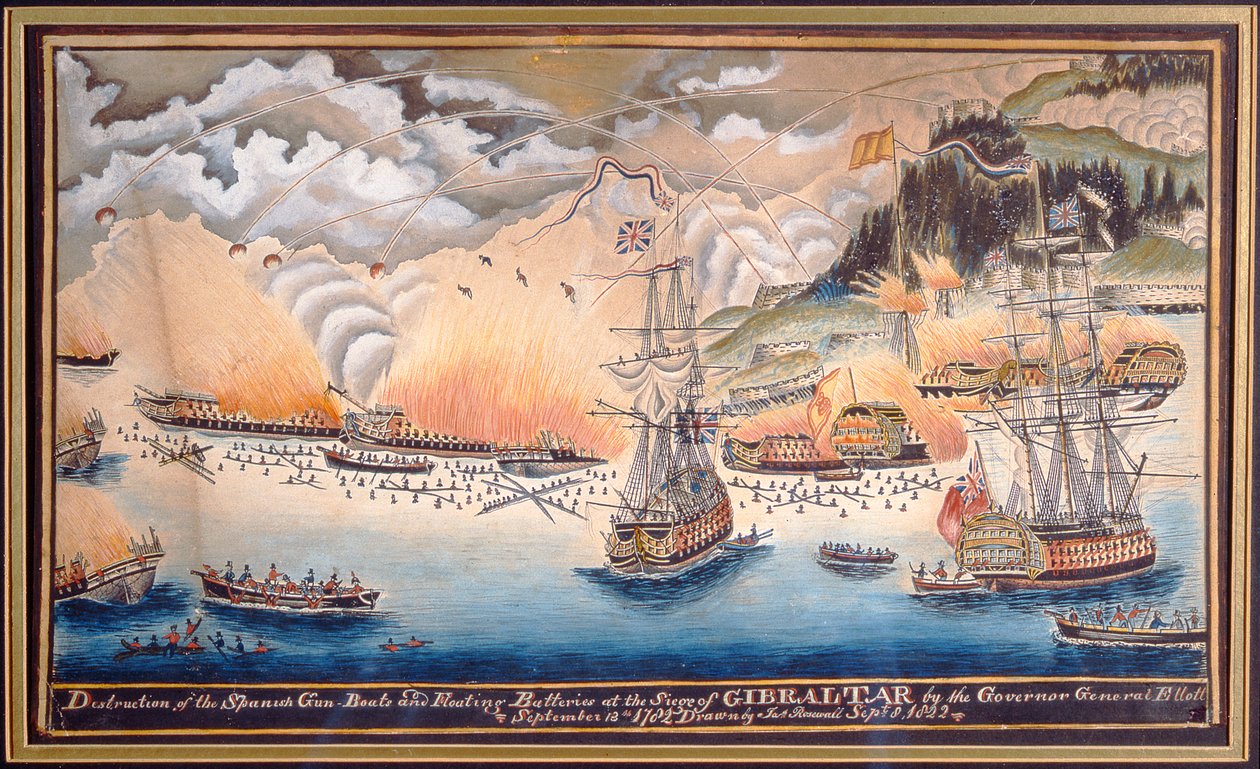 Kenraalikuvernööri Eliottin toimesta espanjalaisten tykkiveneiden ja kelluvien akkujen tuhoaminen Gibraltarin piirityksessä, 13. syyskuuta 1782, 1822 (kynä ja wc) tekijältä James Rosewall