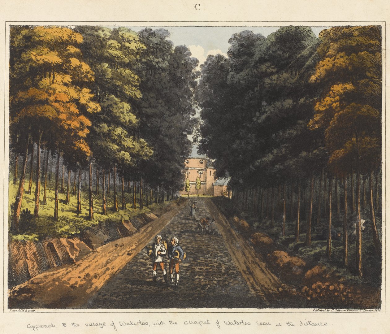 Lähestyminen Waterloon kylään, kaukana näkyy Waterloon kappeli, teoksesta "An Historical Account of the Battle of Waterloo", 1817 (värillinen akvatintta). tekijältä James Rouse