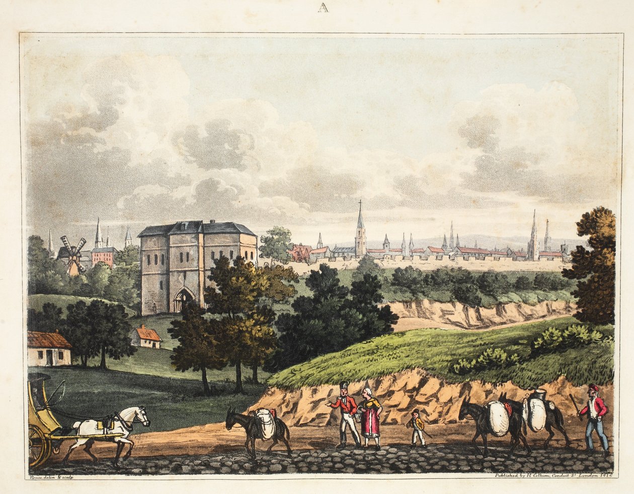 Brysselin kaupunki Foret de Soignen sisäänkäynniltä esteineen, pubi H. Colburn, 1816 tekijältä James Rouse
